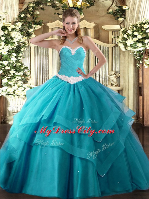 Classical Teal Lace Up Sweetheart Appliques and Ruffled Layers Quinceanera Gown Tulle Sleeveless