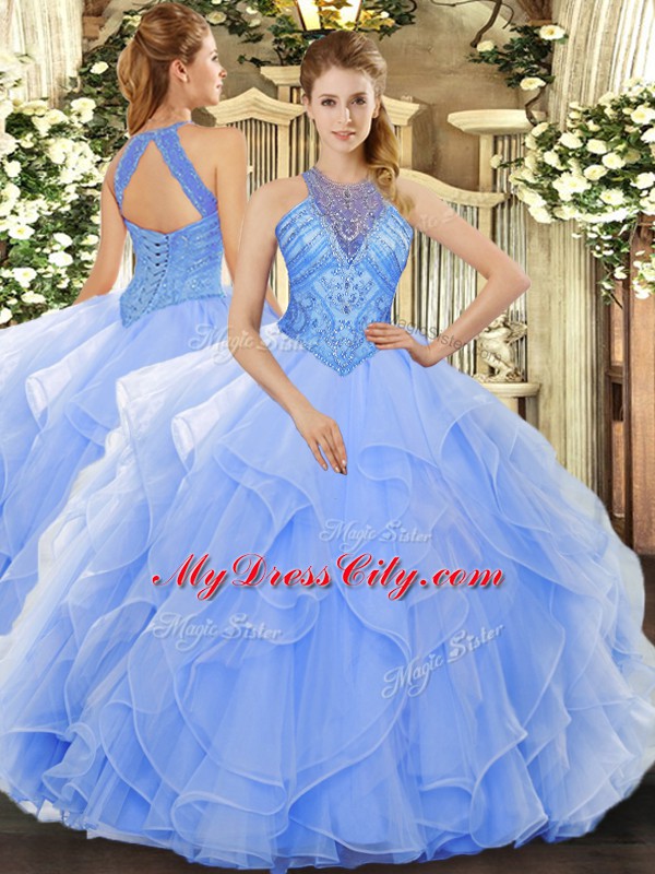 Light Blue Sleeveless Organza Lace Up 15th Birthday Dress for Military Ball and Sweet 16 and Quinceanera