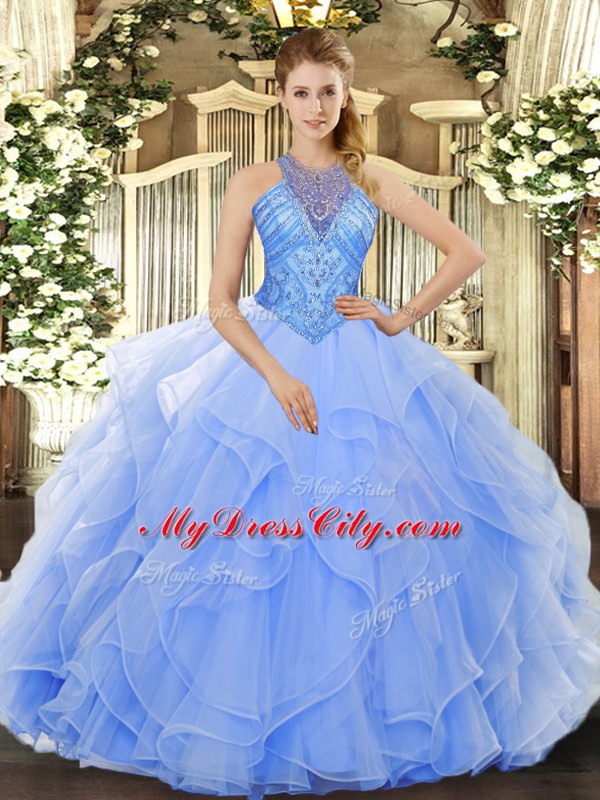 Light Blue Sleeveless Organza Lace Up 15th Birthday Dress for Military Ball and Sweet 16 and Quinceanera