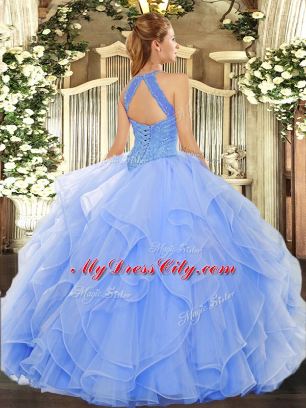 Light Blue Sleeveless Organza Lace Up 15th Birthday Dress for Military Ball and Sweet 16 and Quinceanera