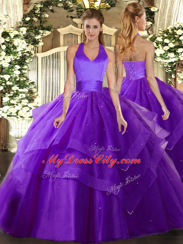 Halter Top Sleeveless Ball Gown Prom Dress Floor Length Ruffled Layers Purple Tulle