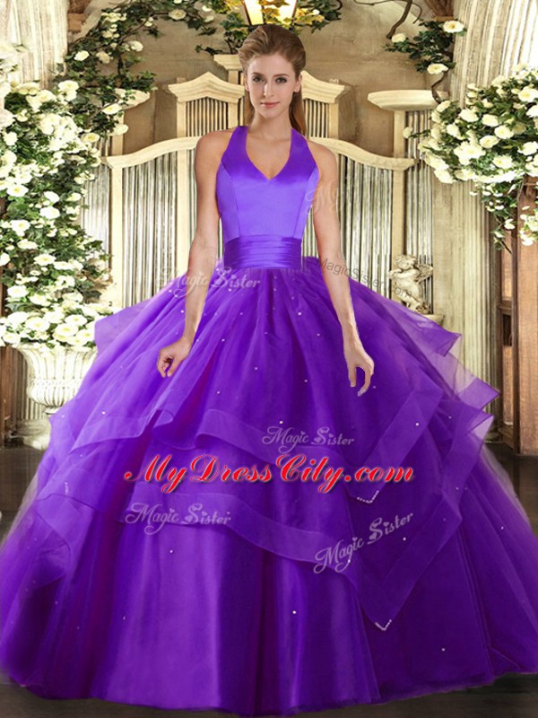 Halter Top Sleeveless Ball Gown Prom Dress Floor Length Ruffled Layers Purple Tulle