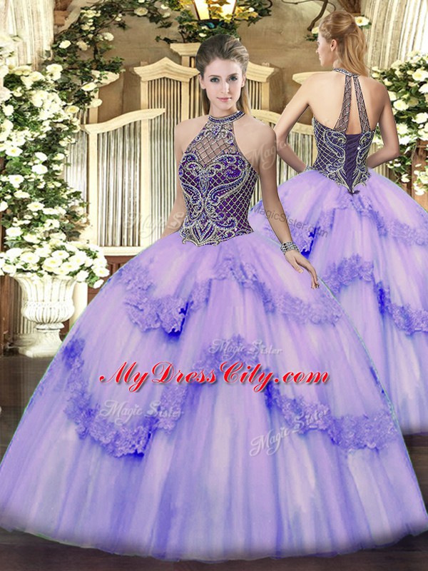 Lavender Sleeveless Floor Length Beading and Appliques Lace Up Sweet 16 Quinceanera Dress