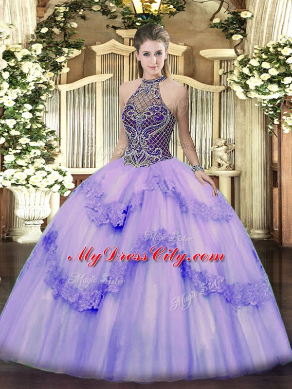 Lavender Sleeveless Floor Length Beading and Appliques Lace Up Sweet 16 Quinceanera Dress