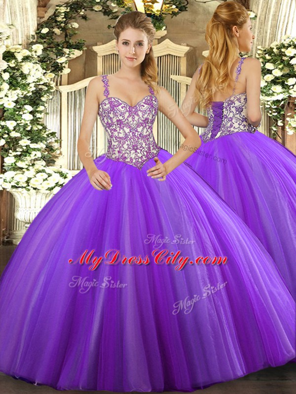 Traditional Straps Sleeveless Quinceanera Gown Floor Length Beading and Appliques Lavender Tulle