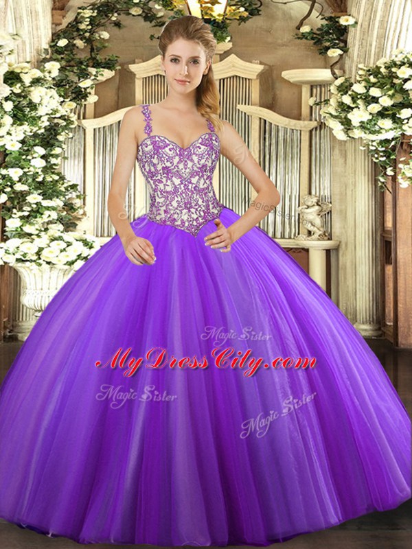 Traditional Straps Sleeveless Quinceanera Gown Floor Length Beading and Appliques Lavender Tulle