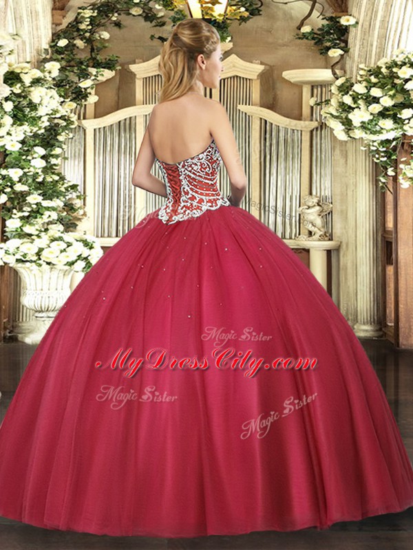 Fuchsia Lace Up 15 Quinceanera Dress Beading Sleeveless Floor Length