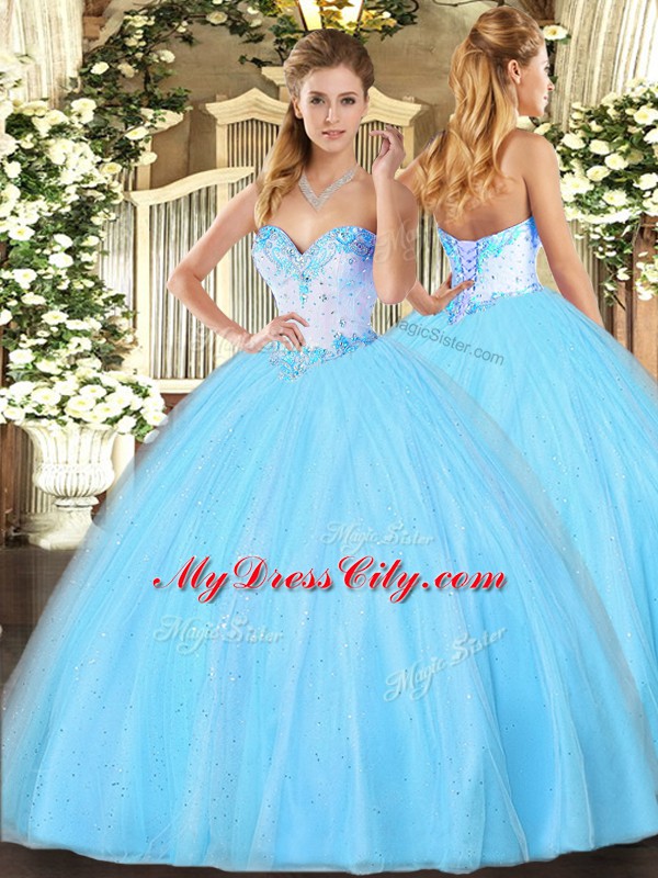 Aqua Blue Tulle Lace Up Sweetheart Sleeveless Floor Length Quinceanera Gown Beading