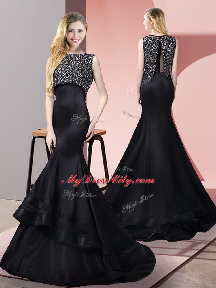 Suitable Floor Length Black Bateau Sleeveless Sweep Train Zipper