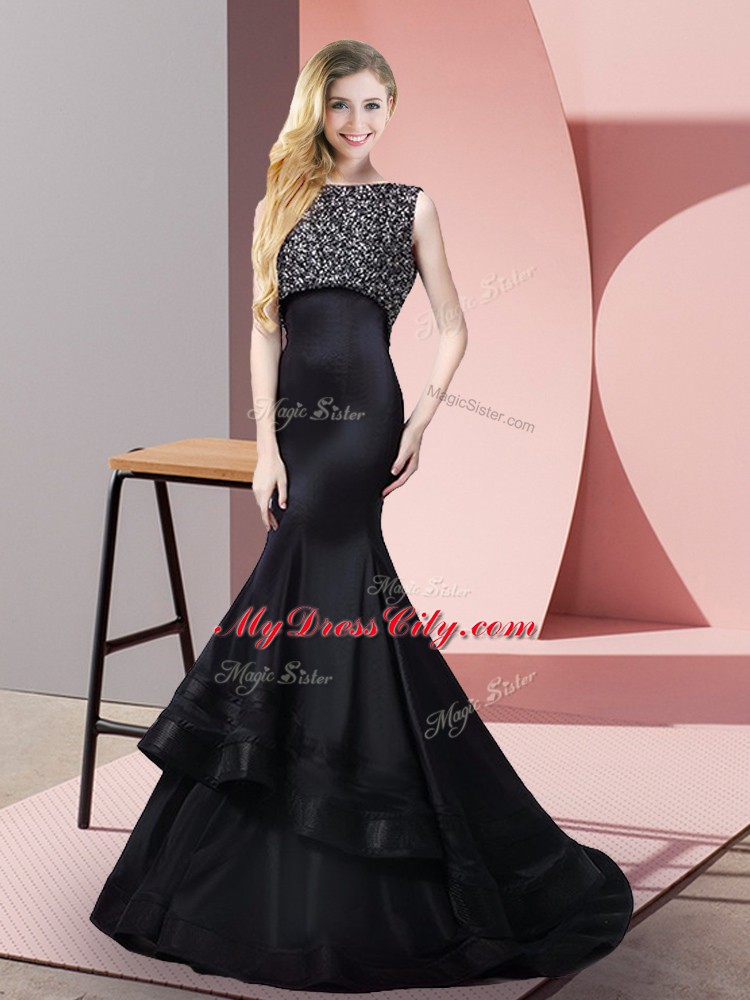 Suitable Floor Length Black Bateau Sleeveless Sweep Train Zipper