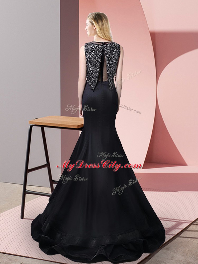 Suitable Floor Length Black Bateau Sleeveless Sweep Train Zipper