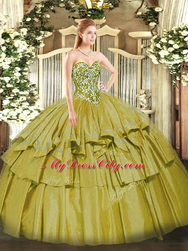 Dramatic Sweetheart Sleeveless Vestidos de Quinceanera Floor Length Beading and Ruffled Layers Olive Green Organza and Taffeta