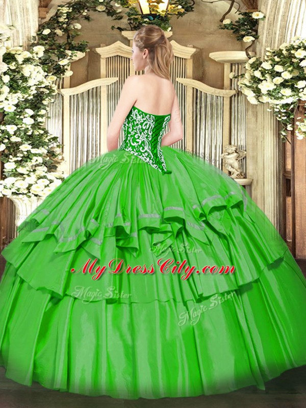 Dramatic Sweetheart Sleeveless Vestidos de Quinceanera Floor Length Beading and Ruffled Layers Olive Green Organza and Taffeta