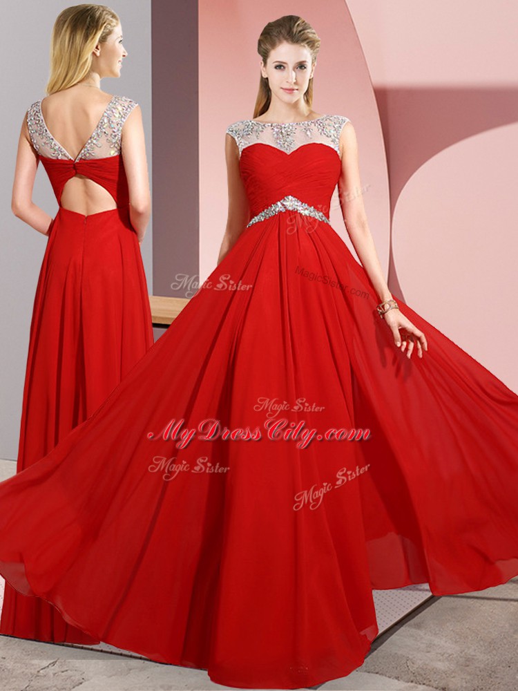 Chic Sleeveless Floor Length Beading Clasp Handle Prom Dresses with Red