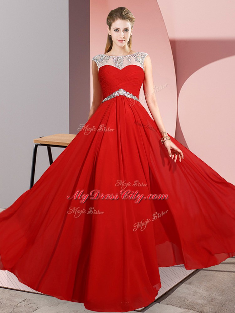 Chic Sleeveless Floor Length Beading Clasp Handle Prom Dresses with Red