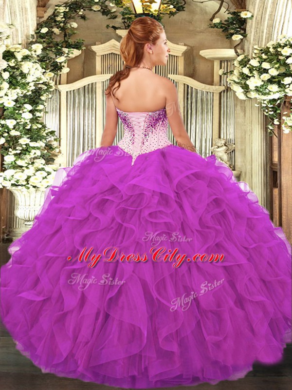 Delicate Organza Sweetheart Sleeveless Lace Up Beading and Ruffles Quinceanera Dress in Purple