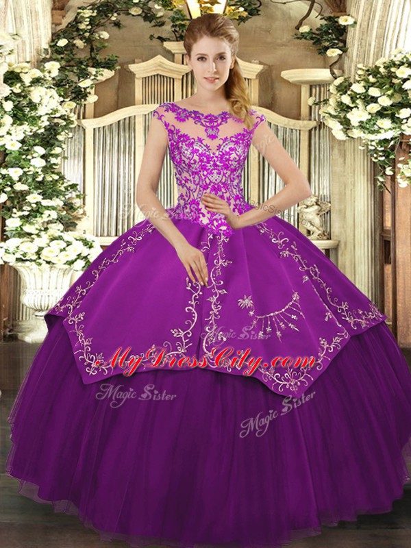 Luxurious Scoop Cap Sleeves Lace Up 15 Quinceanera Dress Eggplant Purple Satin and Tulle