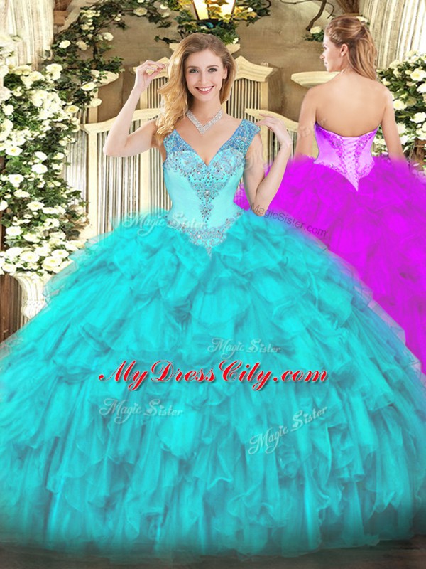 Floor Length Ball Gowns Sleeveless Aqua Blue Quinceanera Gowns Lace Up