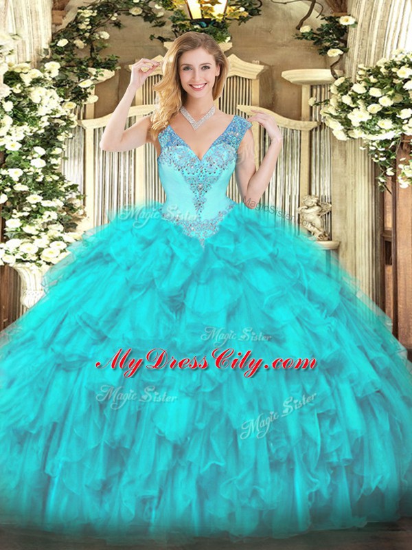 Floor Length Ball Gowns Sleeveless Aqua Blue Quinceanera Gowns Lace Up