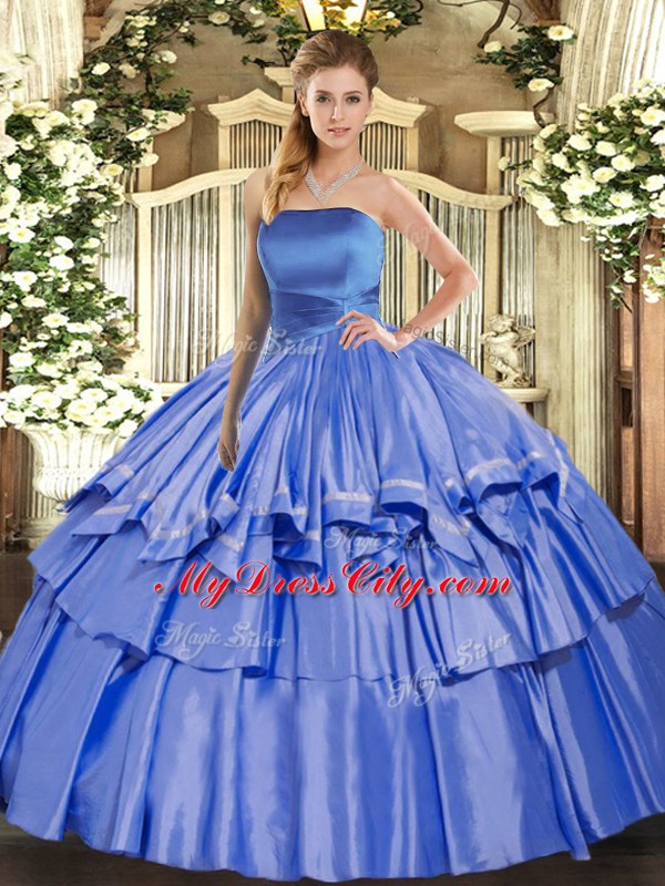 Sleeveless Floor Length Ruffled Layers Lace Up Sweet 16 Dress with Blue