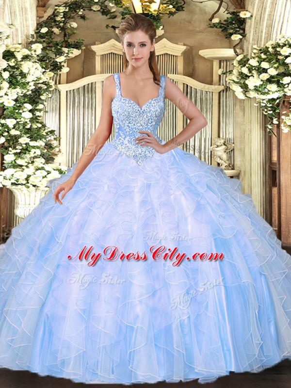 Fantastic Light Blue Ball Gowns Tulle Straps Sleeveless Beading Floor Length Lace Up 15 Quinceanera Dress