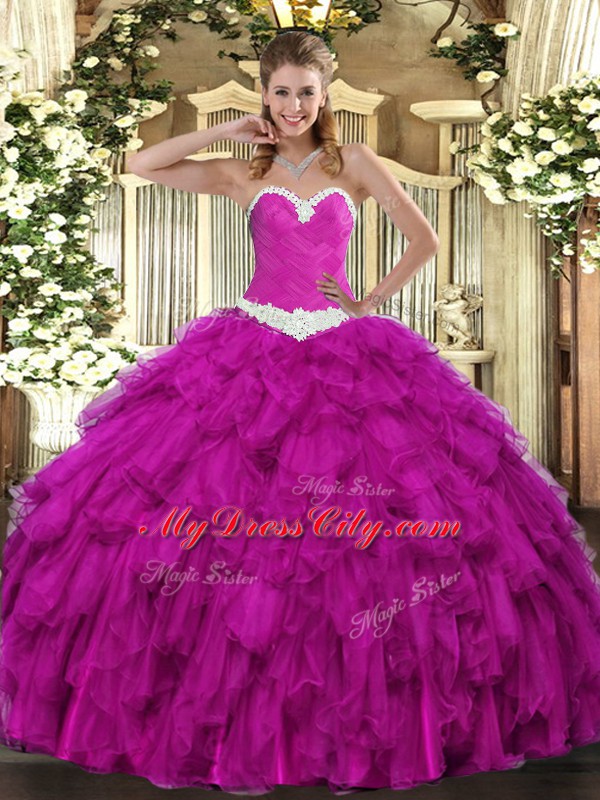 Fuchsia Lace Up Sweetheart Appliques and Ruffles 15th Birthday Dress Organza Sleeveless