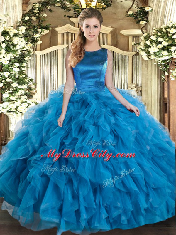 Ruffles Sweet 16 Dresses Teal Lace Up Sleeveless Floor Length