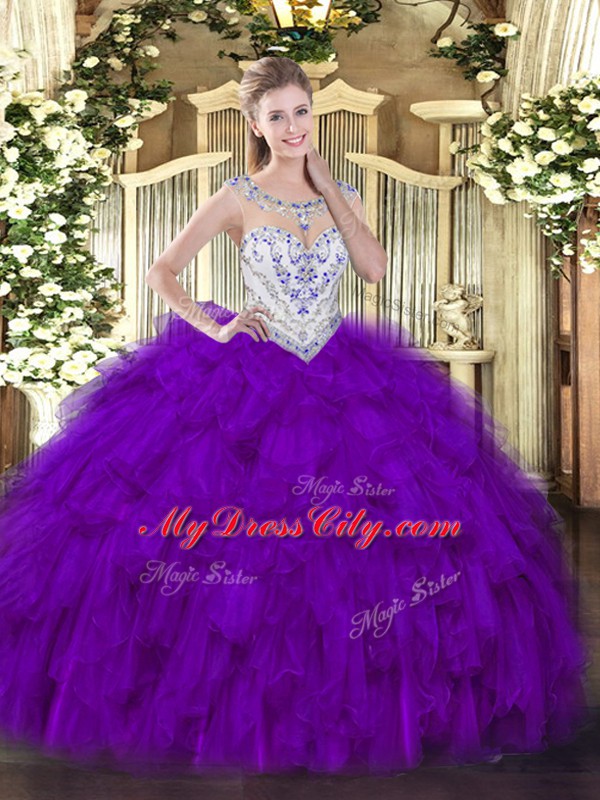 Super Purple Zipper Scoop Beading and Ruffles Quinceanera Dresses Tulle Sleeveless