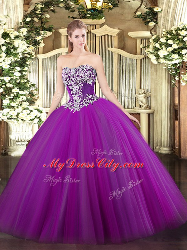 Strapless Sleeveless Tulle Quinceanera Gowns Beading Lace Up