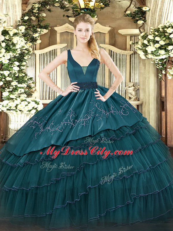 Romantic Teal Organza and Taffeta Zipper Quinceanera Gown Sleeveless Floor Length Beading and Embroidery and Ruffled Layers