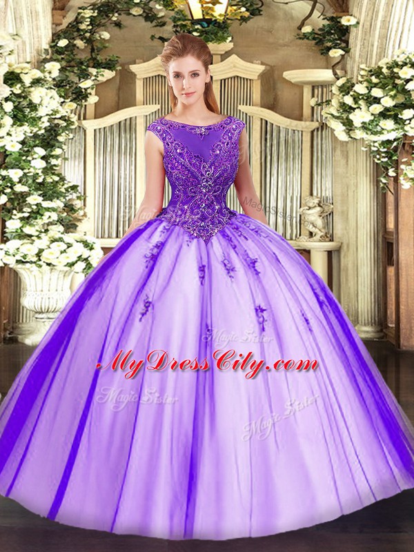 Sumptuous Sleeveless Tulle Floor Length Zipper Quinceanera Gown in Purple with Beading and Appliques