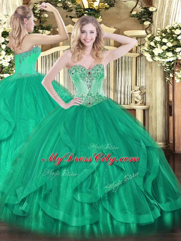 Beading and Ruffles 15th Birthday Dress Turquoise Lace Up Sleeveless Floor Length