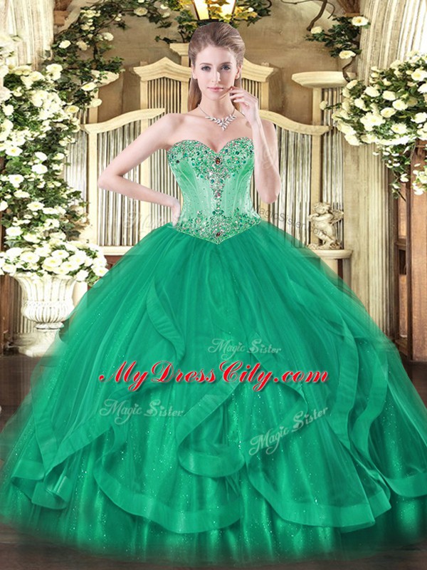 Beading and Ruffles 15th Birthday Dress Turquoise Lace Up Sleeveless Floor Length