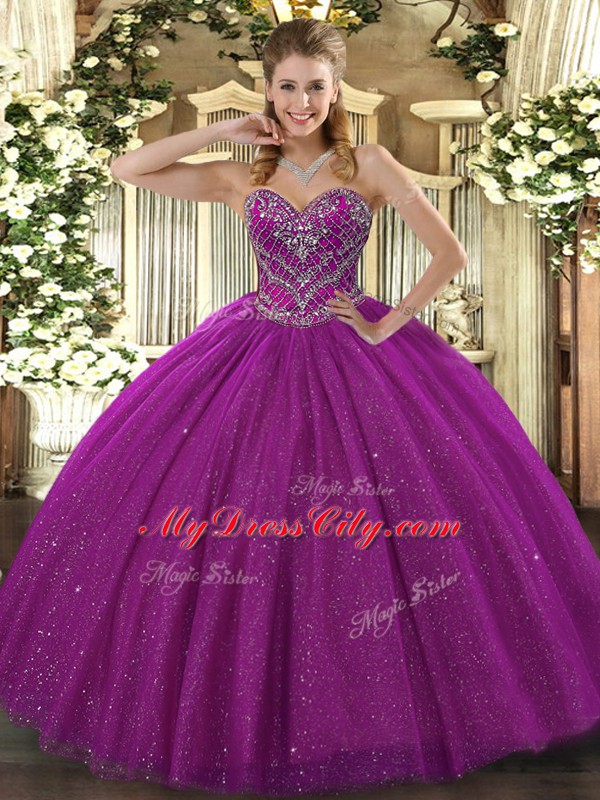 Smart Sweetheart Sleeveless Quinceanera Gowns Floor Length Beading Fuchsia Lace