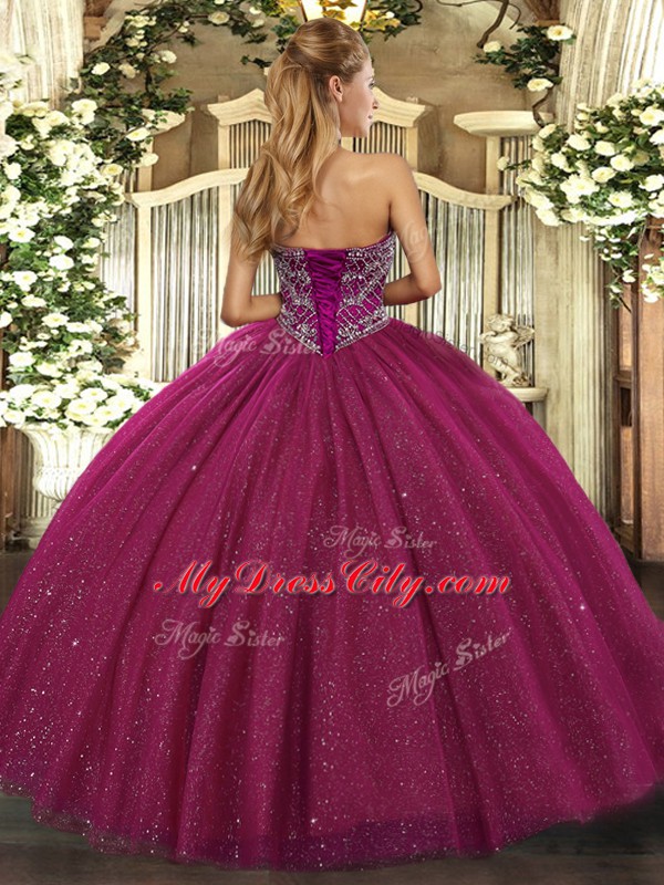 Smart Sweetheart Sleeveless Quinceanera Gowns Floor Length Beading Fuchsia Lace