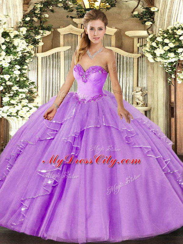 Artistic Lavender Ball Gowns Beading and Ruffles Sweet 16 Quinceanera Dress Lace Up Tulle Sleeveless Floor Length