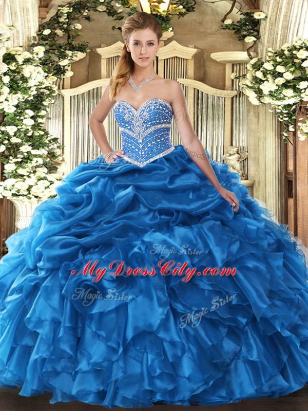 Romantic Blue Ball Gowns Sweetheart Sleeveless Organza Floor Length Lace Up Beading and Ruffles and Pick Ups Vestidos de Quinceanera