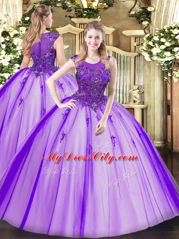 Scoop Sleeveless Zipper Quinceanera Gown Purple Tulle