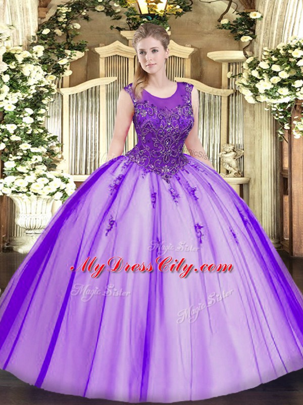 Scoop Sleeveless Zipper Quinceanera Gown Purple Tulle