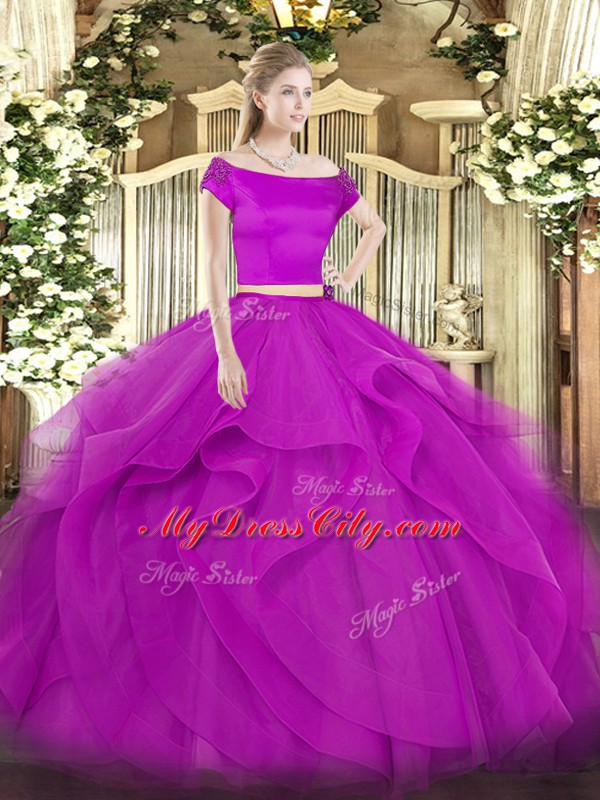 Fuchsia Off The Shoulder Neckline Appliques and Ruffles Vestidos de Quinceanera Short Sleeves Zipper