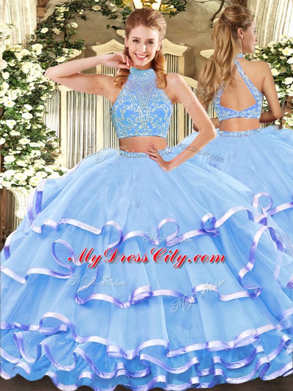 Aqua Blue Criss Cross Halter Top Beading and Ruffled Layers 15 Quinceanera Dress Tulle Sleeveless