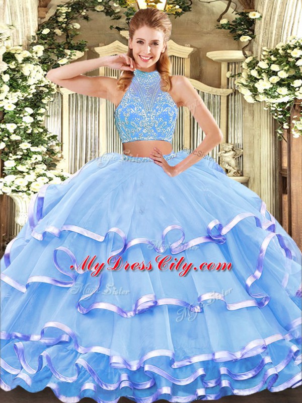 Aqua Blue Criss Cross Halter Top Beading and Ruffled Layers 15 Quinceanera Dress Tulle Sleeveless