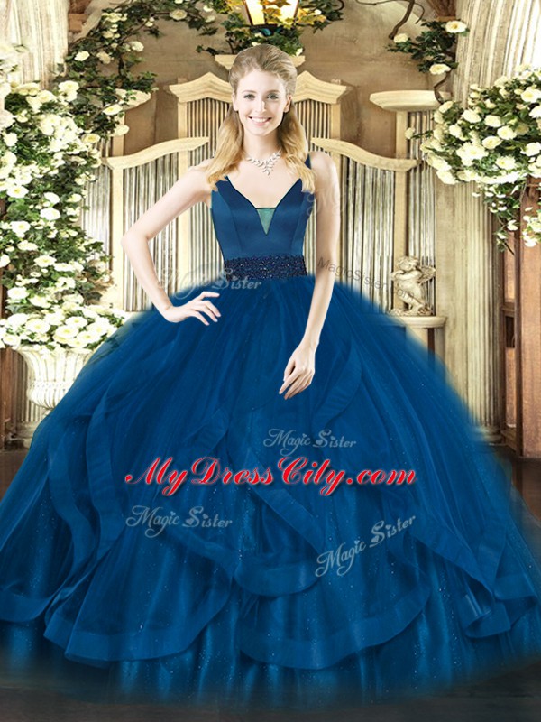 Popular Royal Blue Straps Zipper Beading and Ruffles Ball Gown Prom Dress Sleeveless