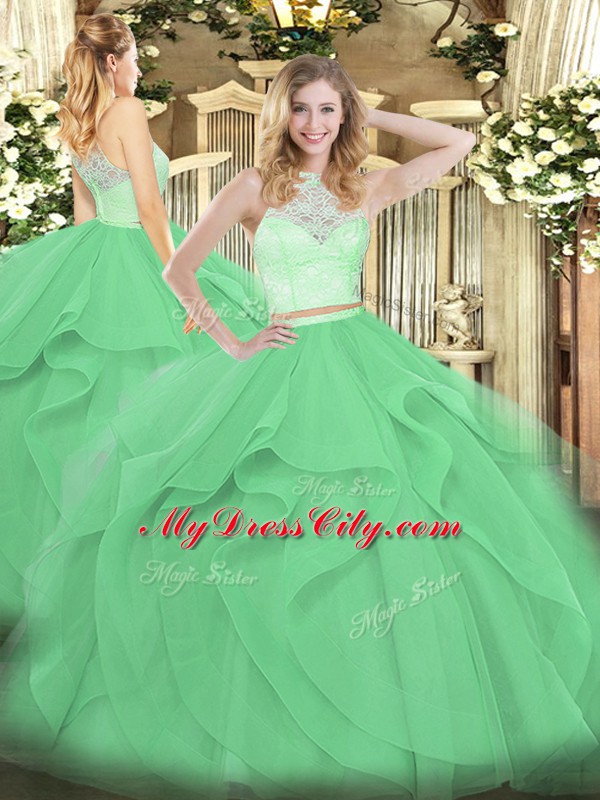 Edgy Apple Green Sleeveless Floor Length Lace and Ruffles Zipper Sweet 16 Dress