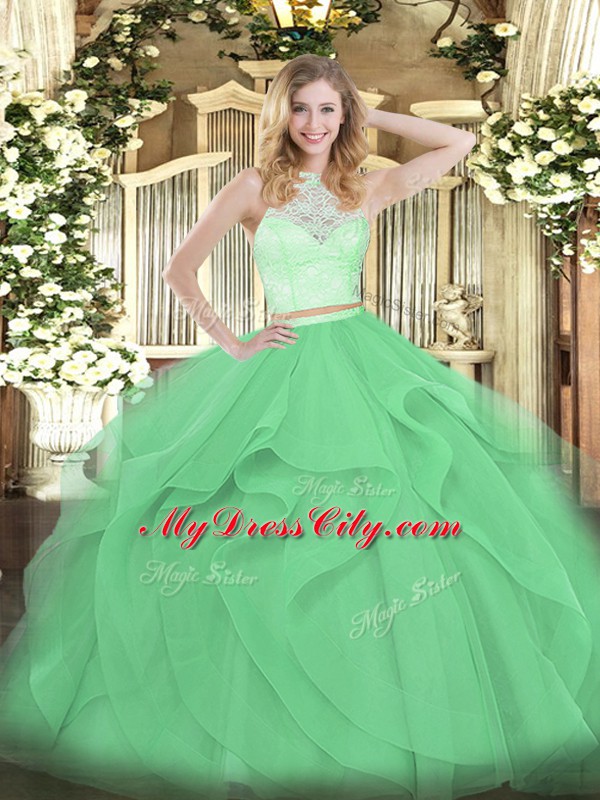 Edgy Apple Green Sleeveless Floor Length Lace and Ruffles Zipper Sweet 16 Dress