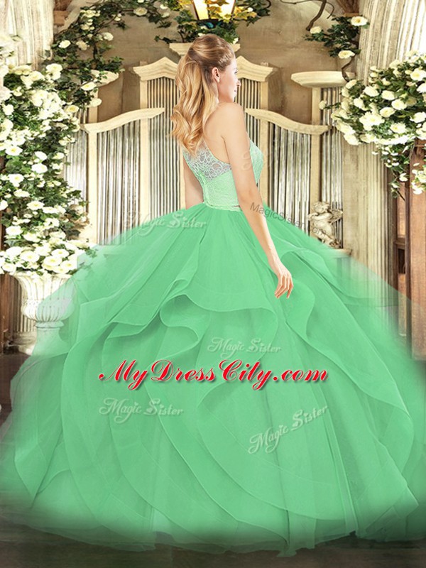 Edgy Apple Green Sleeveless Floor Length Lace and Ruffles Zipper Sweet 16 Dress