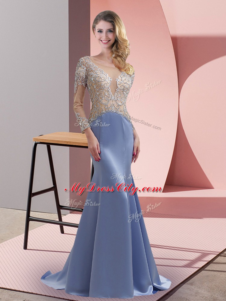 Latest Lavender Scoop Zipper Beading Prom Evening Gown Brush Train 3 4 Length Sleeve