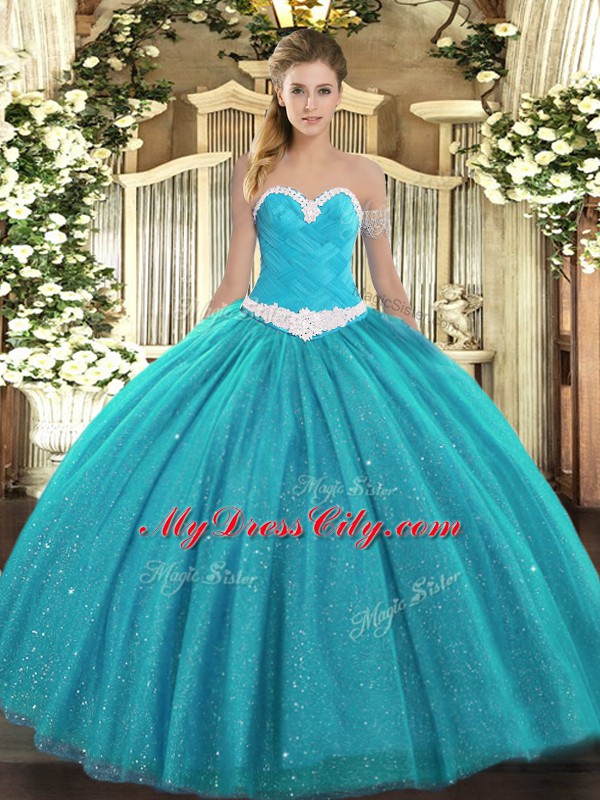 Wonderful Teal Ball Gowns Tulle Sweetheart Sleeveless Appliques Floor Length Lace Up Quinceanera Dress