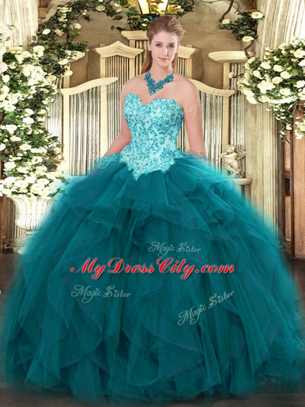 Fantastic Sleeveless Floor Length Appliques and Ruffles Lace Up Quince Ball Gowns with Teal