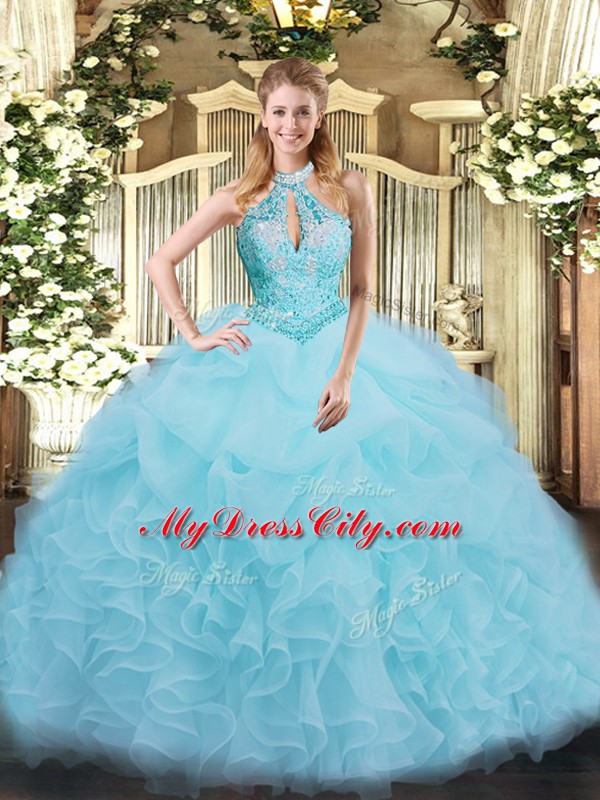 Luxury Floor Length Aqua Blue Quinceanera Gowns Organza Sleeveless Beading and Ruffles